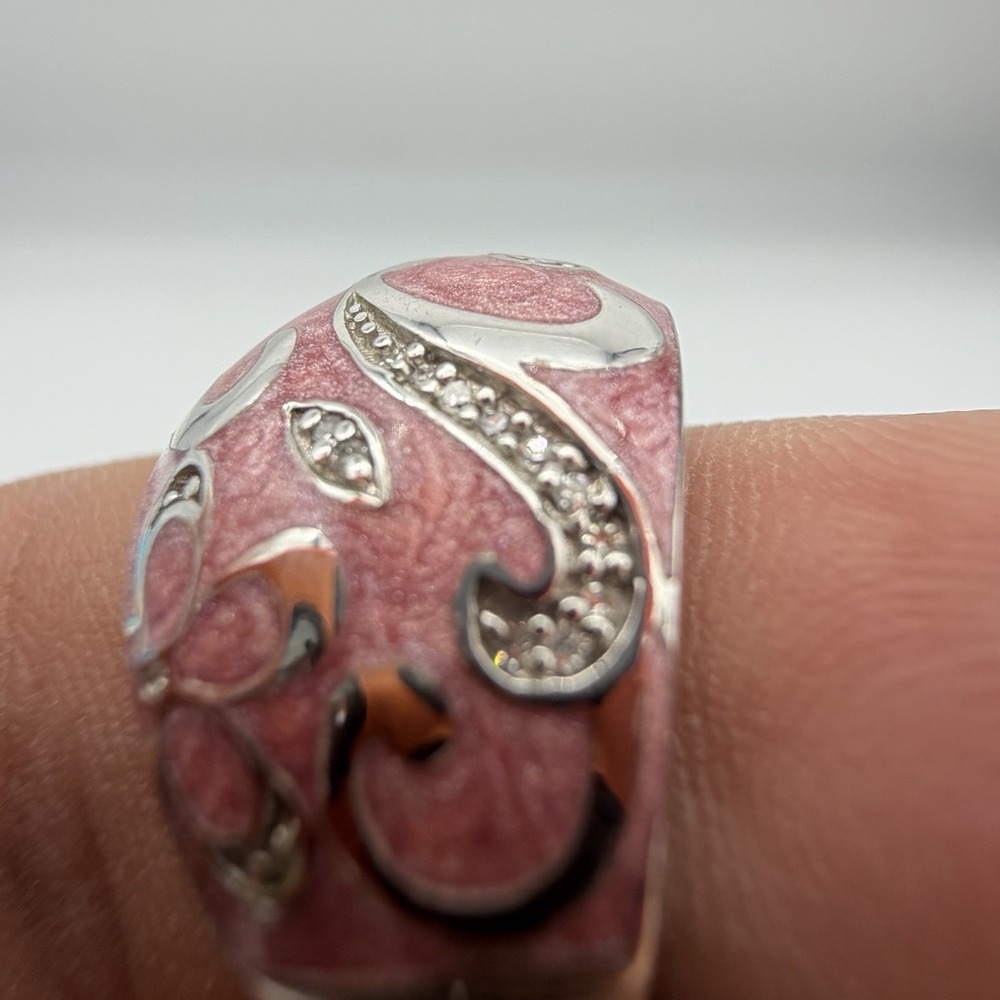 Vtg QVC Designer JWBR Sterling Silver Diamond Ring Floral Pink Enamel Sz7.25 - Picture 12 of 16